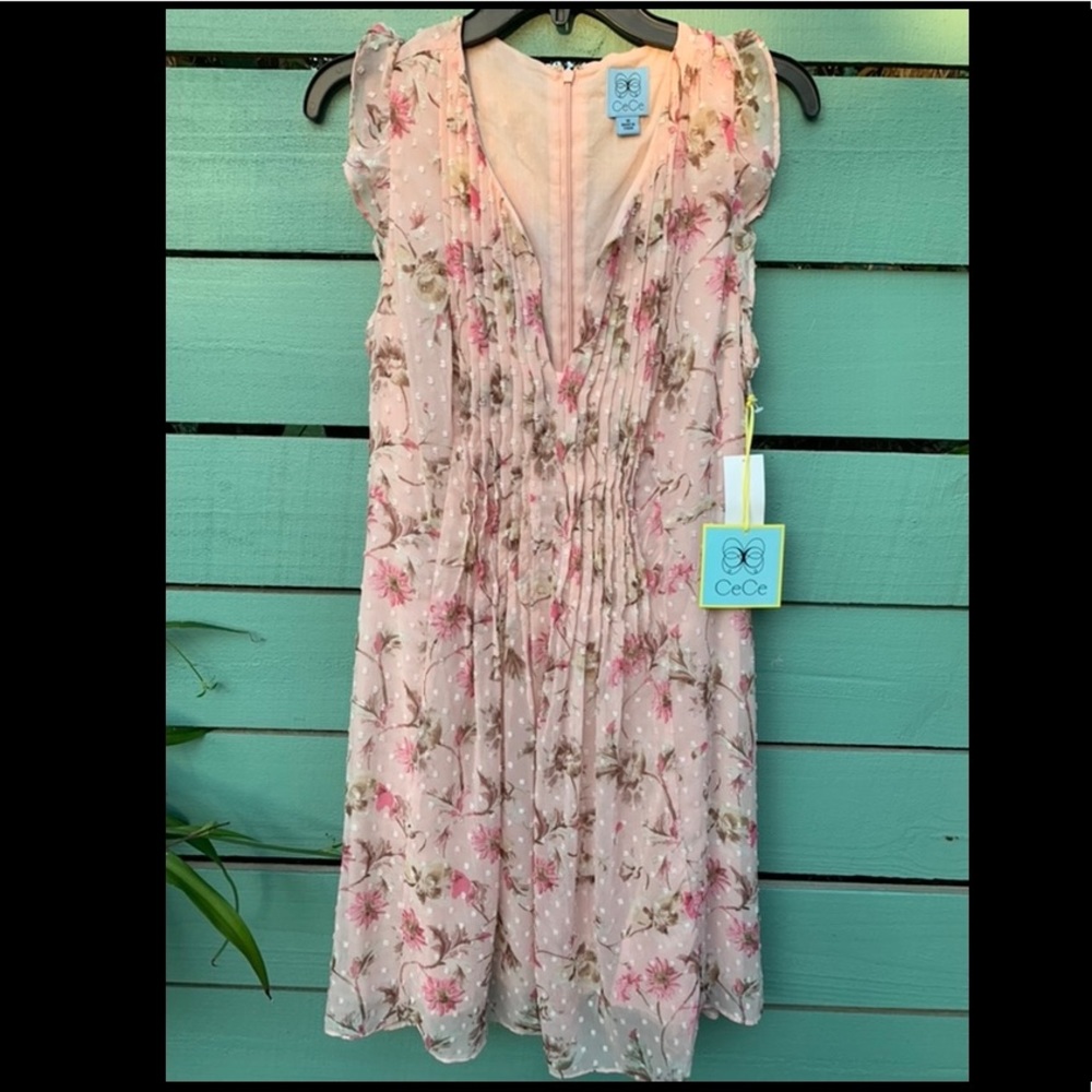 *NWT* Cece Pink Floral Dotted-Swiss Dress